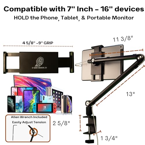 Stand for 16 Inch Portable Monitor - Heavy Duty Aluminum Mount with Infinite Angle Adjustment, Built-in Cable Management - Fits iPad Pro 12.9, Tablets, iPhone (Holds 4.7"-16" Devices) - color: Black