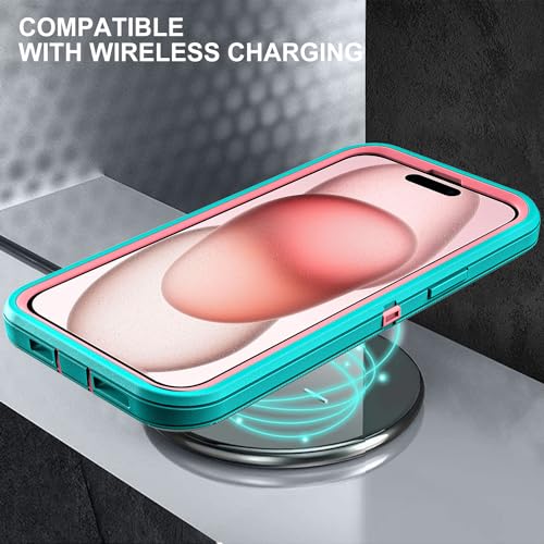 YKHJKLEC for iPhone 15 Case, Military Grade 3 in 1 Heavy Duty Shockproof/Drop Proof/Dust Proof Case with 2Pcs Tempered Glass Screen Protector (Aqua Blue/Pink) - color: Aqua Blue/Pink