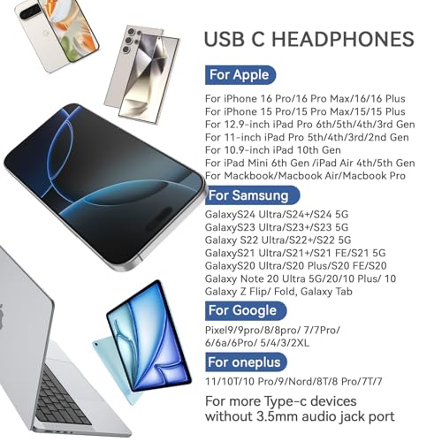 USB C Headphones for iPhone 17 16 Pro Max Samsung Galaxy S26 S25 S24 Ultra - color: White