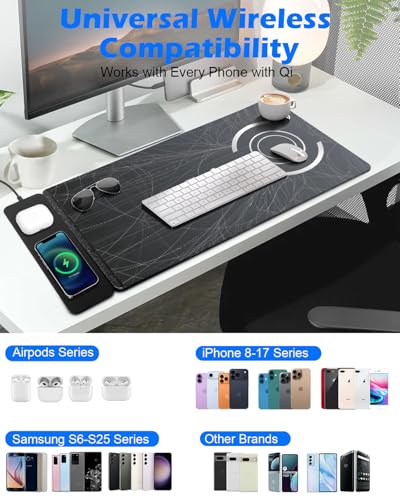 30"x15" XXL Wireless Charging Mouse Pad, Detachable 15W Qi Charger - color: Lines Art