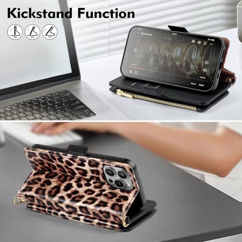 Antsturdy Crossbody Phone Wallet Case for iPhone 15 Pro,Leopard - Brown | RFID Blocking,PU Leather Flip Cover,Kickstand,with Credit Card Holder,Wrist Strap Lanyard & Handbag Purse,for Women & Men - color: (Crossbody) - Leopard-Brown