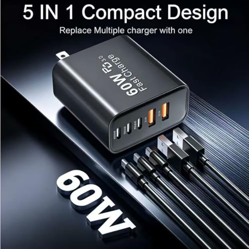 60W USB‑C Wall Charger, 5‑Port (3 USB‑C + 2 USB‑A), 2‑Pack, Black - color: black