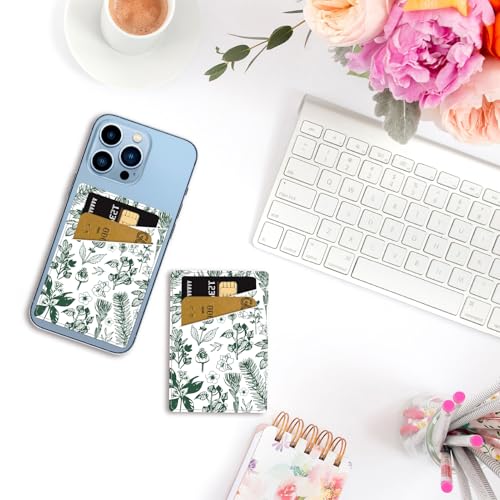 CREATCABIN Flower Phone Card Holder Leather Cell Phone Wallet Stick on Adhesive Credit Card Holder Slim Double Pocket Sticker for Back of Phone Case Compatible with Most Phones 3.7 x 2.5 Inch - style: Flower