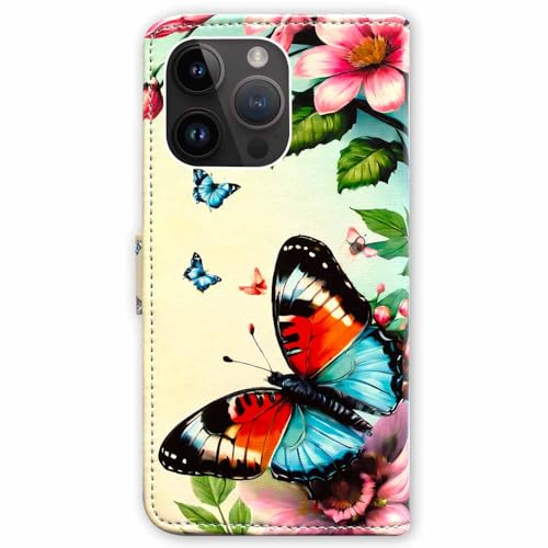 RFID Safe Case for iPhone 15 Pro Max,RFID Blocking,Red Blue Butterfly Flower Leather Flip Phone Case Wallet Cover with Card Slot Holder Kickstand for iPhone 15 Pro Max - color: Red Blue Butterfly Flower