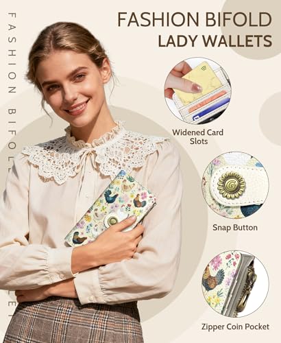 GIANCOMICS Chicken Rooster Womens Wallet RFID, Credit Card Holder Bifold | Billfold, Cute Cash Purse, Travel Zipper Coin Pocket, Compact Clutch, PU Leather, ID Window, 11 Card Slots, Ladies Gift Woman - color: Chicken