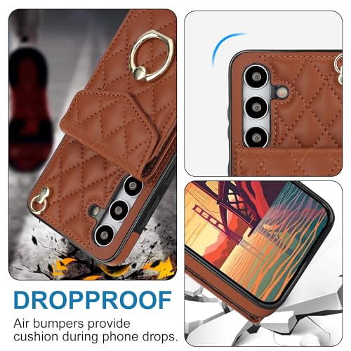 Phone Case for Samsung Galaxy S24 5G Wallet Cover with Tempered Glass Screen Protector Crossbody Wrist Strap Ring Stand RFID Blocking Credit Card Holder Cell S 24 24S G5 SM-S921U Women Men Girls Brown - color: Brown