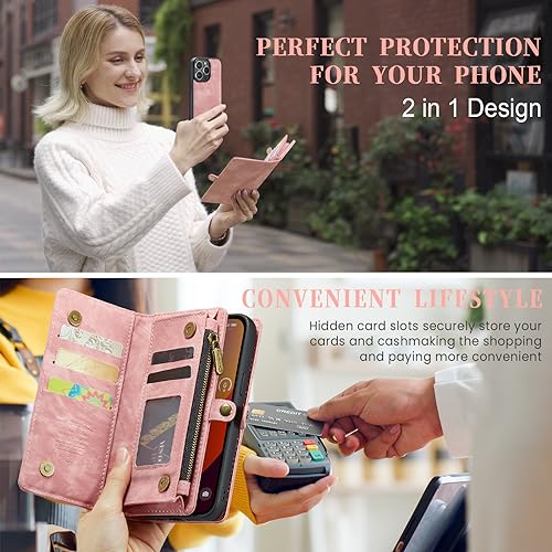 Compatible with iPhone 15 Pro Wallet Case with Magsafe, Pink | Magnetic Detachable Case,Card Holder,Zipper Pocket,Strap Wristlet, Soft Leather Drop-Proof Phone Case for iPhone 15 Pro - color: Pink, size: iPhone 15 Pro 6.1"