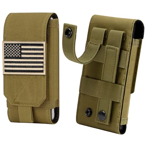 Tactical Molle Phone Cover Case, Heavy Duty Loop Belt Holster Pouch with Flag Patch for iPhone 17 Pro Max/Air/17 Pro/17/16 Pro Max/15 Pro Max/14 Pro Max/13 Pro Max, for Galaxy S26 Ultra - color: Khaki