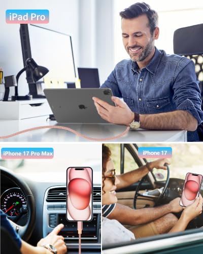 Apple MFi Certified iPhone Duo 18 17 Pro Max Car Charger, USB C Car Charger - color: Titanium Pink