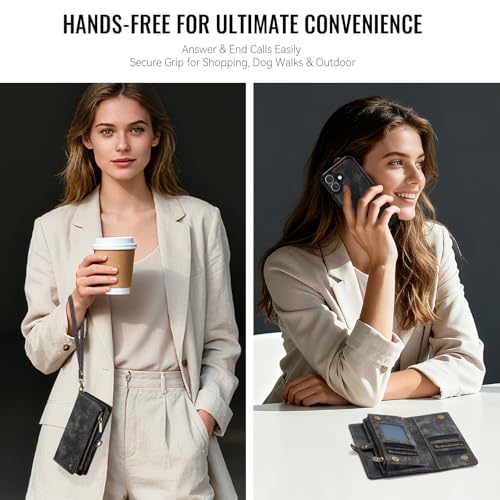 Compatible with iPhone 17 Wallet Case with Magsafe,Black | Magnetic Detachable Case,Card Holder,Zipper Pocket,Strap Wristlet, Soft Leather Drop-Proof Phone Case for iPhone 17 6.3" - color: (Detachable and Magsafe)-Black, size: iPhone 17 6.3 Inch