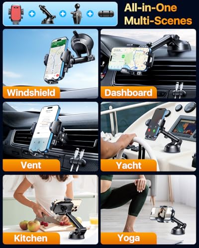 YRU【True Military-Grade Safety & Patent Certs】360°Rotation Car Phone Holder【100+LBS Strong Suction & Clip】Windshield Dash Vent Cell Phone Mount Cradle for iPhone17 16 Pro Max Truck Samsung, Light Red - color: Light Red