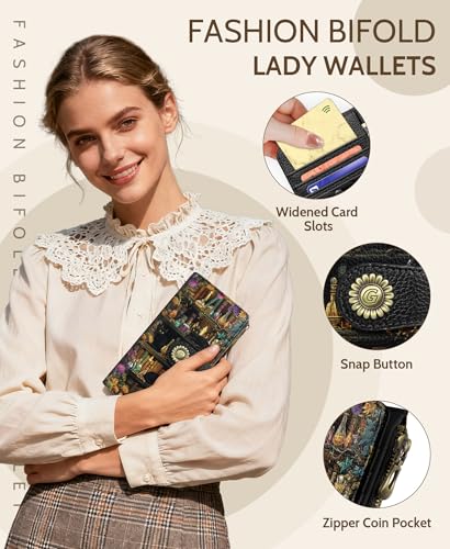 GIANCOMICS Black Cat Book Womens Wallet RFID, Credit Card Holder Bifold | Billfold, Cute Cash Purse, Travel Zipper Coin Pocket, Compact Clutch, PU Leather, ID Window, 11 Card Slots, Ladies Gift Woman - color: Bookshelf Black Cat