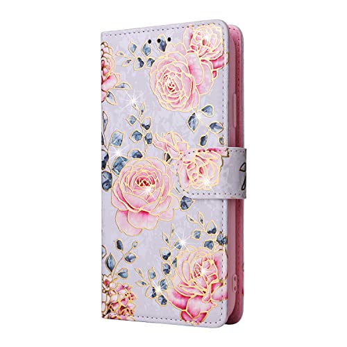 UEEBAI Wallet Case for iPhone 14, PU Leather Phone Cover Kickstand RFID Blocking Flip Case Card Slots Wrist Strap Relief Engraved Pattern Magnetic Closure Flower Folio Wallet, Purple Rose - color: Purple Rose, size: iPhone 14