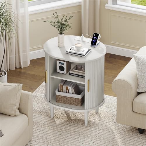 DHH Mid Century Modern Nightstand with Charging Station, Fluted Accent Side Table with Sliding Door & Adjustable Shelf, End Table for Small Space, Living Room, Bedroom,Sofa Couch(1, White) - color: Grayish White