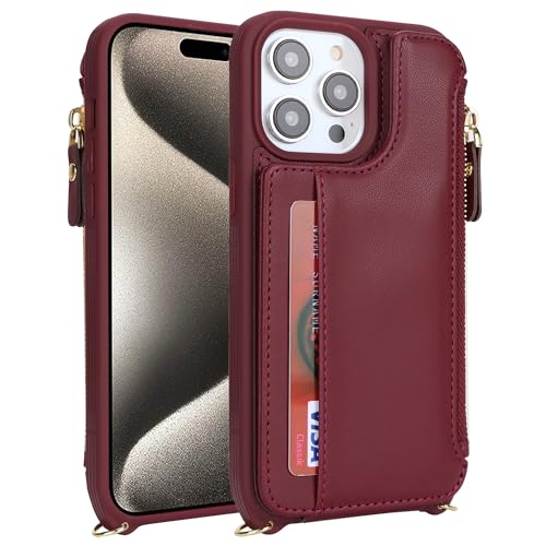 Cavor for iPhone 15 Pro Max Wallet Case with Card Holder Women, Wine red | for iPhone 15 Pro Max Case with Strap,Crossbody and Wristlet Zipper Pocket Phone Cover - color: B-Wine red