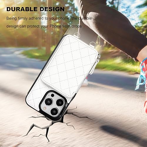 Bocasal Crossbody Wallet Case Card Holder for iPhone 15 Pro, White | RFID Blocking PU Leather Zipper Handbag Purse, Kickstand Flip Folio Case with Card Slots Holder Wrist Strap Lanyard 6.1 Inch - color: White