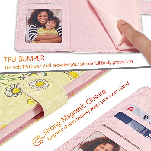 UEEBAI Wallet Case for iPhone 13 Pro Max, PU Leather Phone Cover Kickstand RFID Blocking Flip Case Card Slots Wrist Strap Relief Engraved Pattern Magnetic Closure Flower Folio Wallet, Yellow Daisy - color: Yellow Daisy, size: iPhone 13 Pro Max
