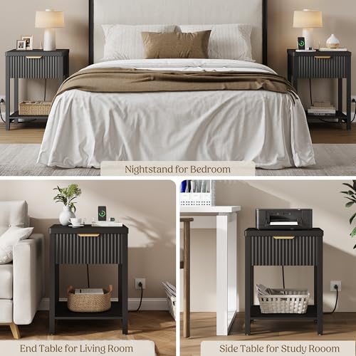Night Stand Set 2, Fluted Wood Nightstands w/Charging Station for Bedroom - color: Black, size: 1 Drawer-Set of 2 Nightstand