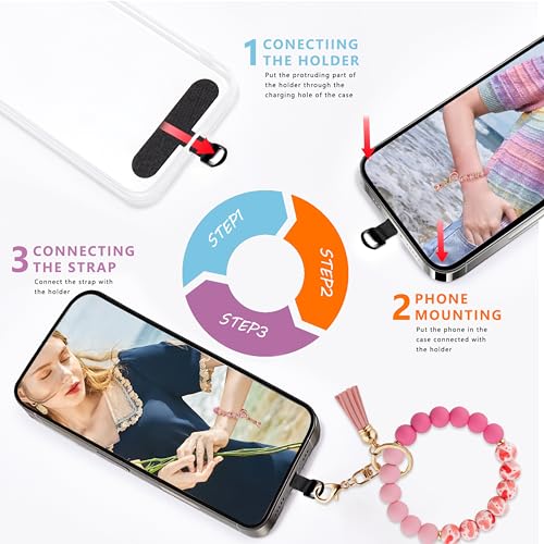 Silicone Beaded Phone Wrist Strap for Women, BPA-Free Silicone - color: Pink Heart