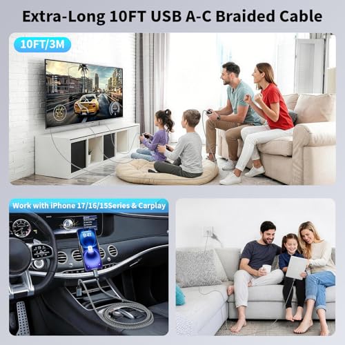 10FT USB to UAB C Cable,3Pack USB A to USB C 10FT Fast Charging Braided Cable for iPhone 17/16/15,Car Carplay Cable Upgraded Extra Durable USB to USB C Cord for iPhone 17 16 15,Galaxy S26/S25 and more