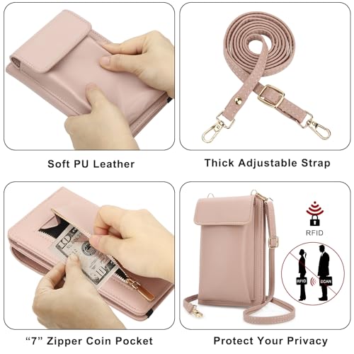 DOB SECHS Leather Passport Wallet Crossbody Phone Bag, RFID Blocking Passport Holder Credit Cards Case for Women - color: Pink-2