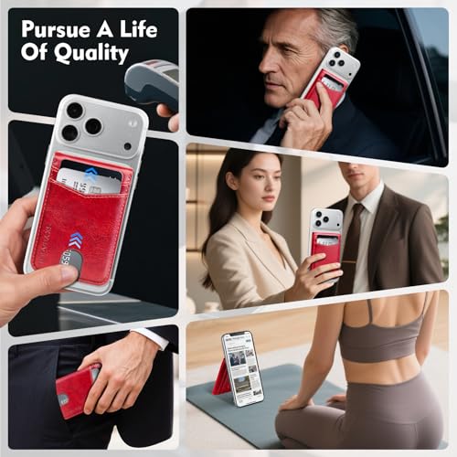 RFID Blocking MagSafe Wallet Stand with Card Holder,5 Card Slots & ID Window,PU Leather Magnetic Phone Adjustable Kickstand for iPhone 12/13/14/15/16/17 Pro Max & Air Plus Series,Red - color: Red, style: Stand Wallet