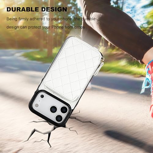 Bocasal Crossbody Wallet Case Card Holder for iPhone 17 Pro Max White | RFID Blocking PU Leather Zipper Handbag Purse, Kickstand Flip Folio Case with Card Slots Holder Wrist Strap Lanyard 6.9 Inch - color: White