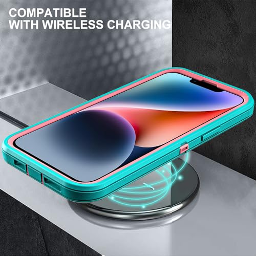 YKHJKLEC for iPhone 13 Case/iPhone 14 Case, Military Grade 3 in 1 Heavy Duty Shockproof/Drop Proof/Dust Proof Case with 2Pcs Tempered Glass Screen Protector (Aqua Blue/Pink) - color: Aqua Blue/Pink