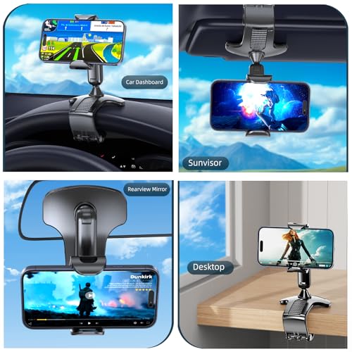 Car Phone Holder Mount for Dashboard 360 Degree Rotation Multifunctional Cell Phone Clip Design Phone Mount Compatible with 4-7 inch Smartphones (Black)