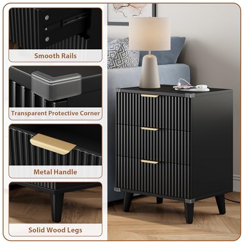 Wood Nightstands Set of 2 w/Charging Station, 3 Drawers Fluted Dresser - color: Black, size: 3 Drawers-Set of 2 Nightstand