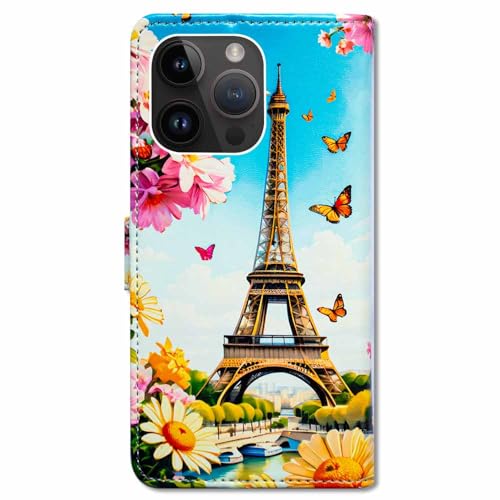 RFID Safe Case for iPhone 15 Pro Max,RFID Blocking,Eiffel Tower Butterfly Flowers Leather Flip Phone Case Wallet Cover with Card Slot Holder Kickstand for iPhone 15 Pro Max - color: Eiffel Tower Butterfly Flowers