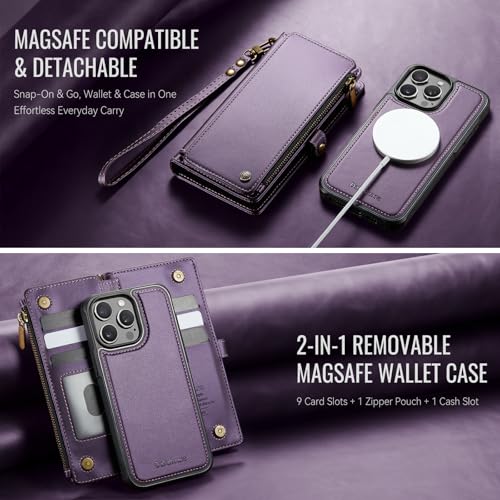 Defencase for iPhone 15 Pro Case Wallet Compatible with Magsafe, Purple | Drop-Proof Magnetic Detachable Phone Cases Cover, with RFID Bolcking Card Holder, Zipper Strap, PU Leather, Removable Wallet - color: (Detachable with Magsafe)-Purple