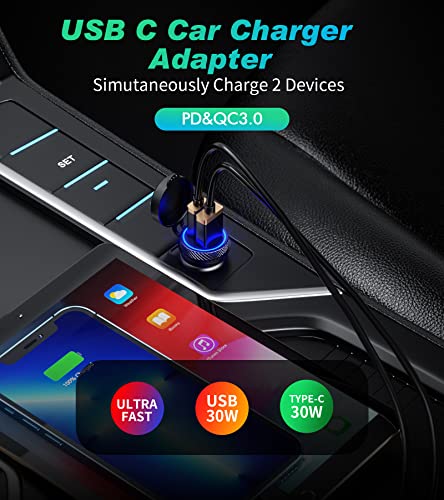 KEWIG Car Charger, QC3.0 + PD Type C Dual Port Mini Flush Metal USB Car Charger Adapter, 60W/5A Quick Charge Car Phone Charger Fit for iPhone 12/11 Pro/Max/8, Galaxy S21/20/10/9