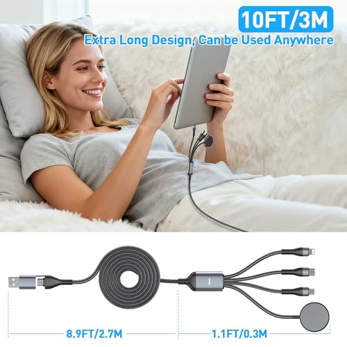 100W 4 in 1 Multi Chargers Cable for Samsung Galaxy Watch 8/7 6/5/4/3, Galaxy w-atch Classic 8/7/6/5/4, 10FT Magnetic Samsung Watch and Phone Charger with Data Transfer for iPhone 15/14/13/ Galaxy S25