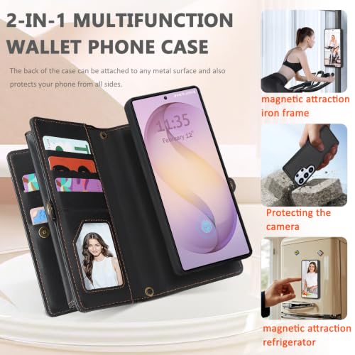 for Samsumg Galaxy S25 Ultra Wallet Case, Detachable Magnetic Shockproof Phone Case,Faux Leather Crossbody Wallet,with RFID Blocking,Zipper Card Holder,Shoulder Strap (Black) - color: Black, size: Samsumg Galaxy S25 Ultra