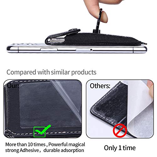 Cell Phone Card Holder,Card Holder for Back of Cell Phone with Ring Grip Stand,Adhesive Stick-on Credit Card Wallet Pocket with Detachable Neck Strap Black