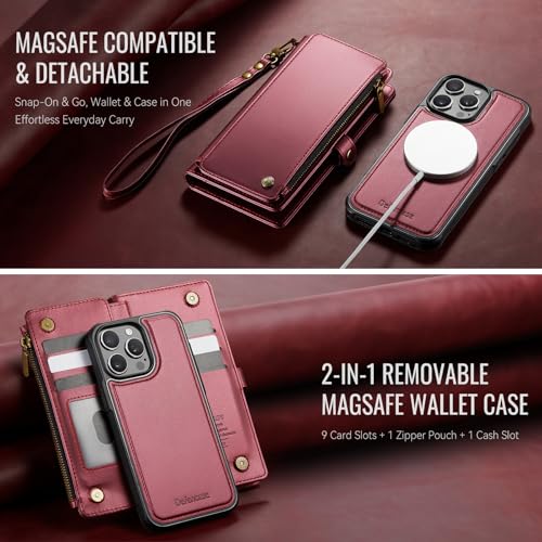 Defencase for iPhone 13 Pro Case Wallet Compatible with Magsafe, Wine Red | Drop-Proof Magnetic Detachable Phone Cases Cover, with RFID Bolcking Card Holder, Zipper Strap, PU Leather, Removable Wallet - color: (Detachable with Magsafe)-Wine Red