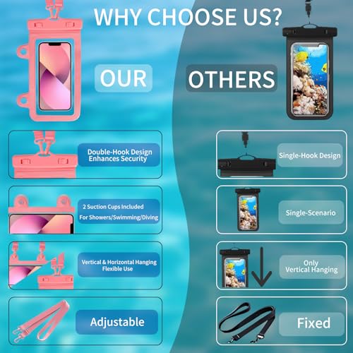 Larger Waterproof Phone Pouch iPhone &Shower Phone Holder Waterproof with 2 Suction Cups,Water Phone Protector Pouch with Adjustable Lanyard for iPhone 17 16 15 ProMax (Pink, 1 PCS) - color: Pink