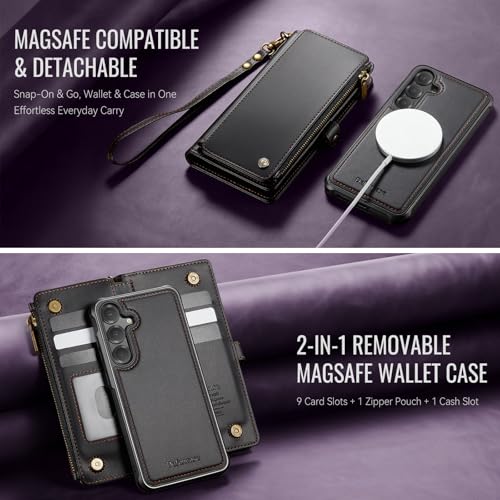 Defencase for Galaxy S25 Plus Case Wallet Compatible with Magsafe, Black | Magnetic Detachable, RFID Bolcking Card Holder, Zipper Strap, PU Leather Drop-Proof Phone Cover for Samsung Galaxy S25+/Plus - color: (Detachable with Magsafe)-Black