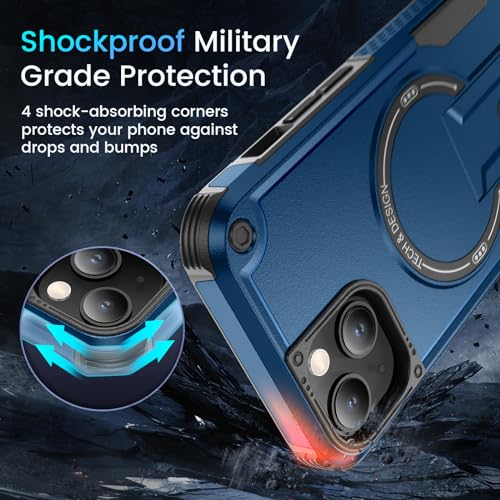 Caka for iPhone 13 Case & iPhone 14 Case with Stand Blue | Compatible with MagSafe, Built-in Hidden Kickstand, Solid Protective Dual-layer TPU+PC Shockproof Magnetic Phone Cover - color: Blue