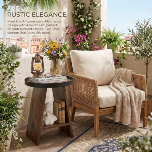 2-Tier Round End Table with 17.7 inch Tray Top, Rustic Brown - color: Rustic Brown