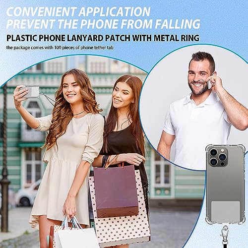 Tenceur 100 Pcs Universal Phone Tether Tab Plastic Lanyard Patch with Metal Ring for Wrist Cell Phone Lanyard Strap Fit Most Smartphones Safety Drop Protection, Clear