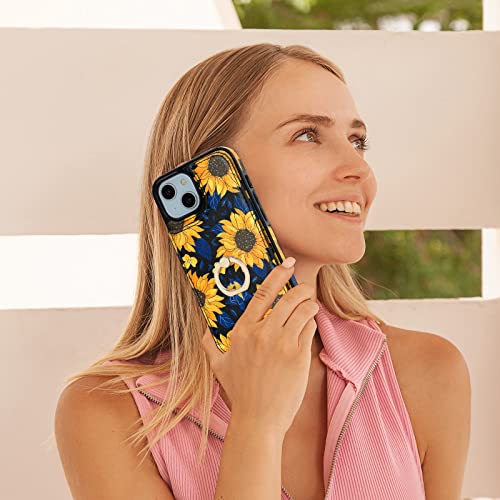 HAOPINSH for iPhone 13/ iPhone 14 Wallet Case with Card Holder, 360°Rotation Ring Kickstand, Blooming Sunflowers Pattern, RFID Blocking Leather for Girls Women,Double Buttons Protective Cover 6.1" - color: Blooming Sunflowers