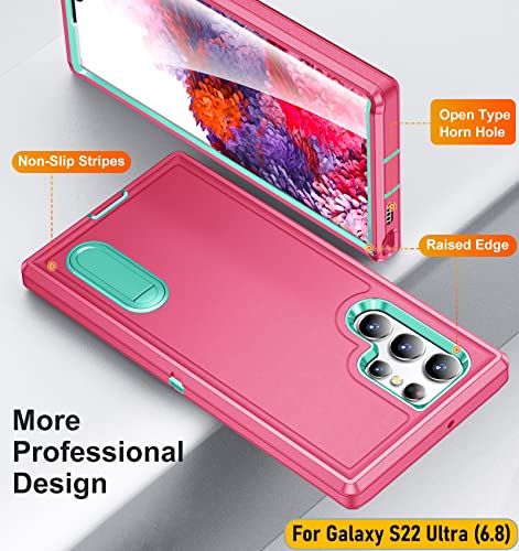 Case is Specially Designed for Galaxy S22 Ultra 6.8 Inch, Full Body Protection Heavy Duty Shock Absorbing 3 in 1 Silicone Rubber Built-in Stand with 1 Tempered Screen Protectors-Rose/Mint - color: Rose/Mint