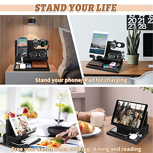 Gifts for Men Wood Phone Docking Station for Men Nightstand Organizer Gifts for Dad Charging Station Cell Phone Stand Desk Organizer Gifts for Husband Boyfriend Brother Son (Black)