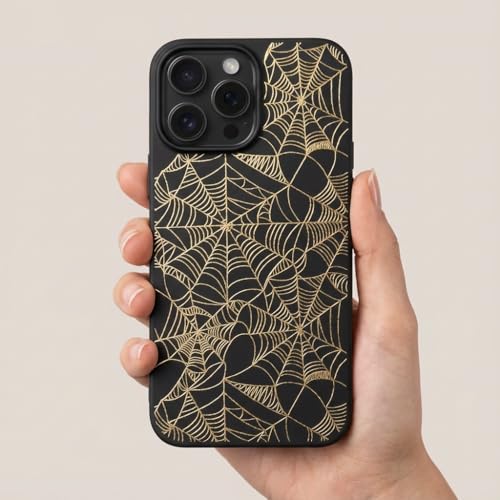 Phone Case Compatible with iPhone 13 - Gold Spider Web Black Cover Shockproof Protective Bumper TPU Rubber Matte Spooky Cover Halloween Golden Gothic Cool Glitter Design Scary Minimal Witchy - color: Spider Web, size: iPhone 13