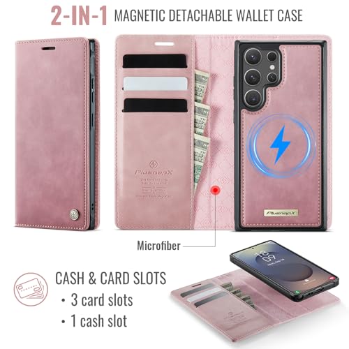 for Samsung Galaxy S26 Ultra 2in1 Detachable Wallet Case, Pink | Compatible with Magsafe, Magnetic, RFID Blocking Card Holder, Shockproof, Kickstand, Wireless Charging, PU Leather Flip Cover - color: (Detachable 2 in 1)-Pink, size: Galaxy S26 Ultra