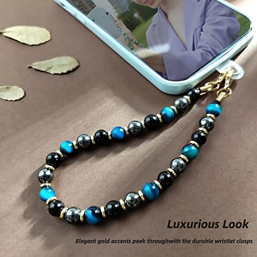 Marble Beaded Phone Wrist Strap for Women, Detachable Design - color: Blue Tiger’s Eye