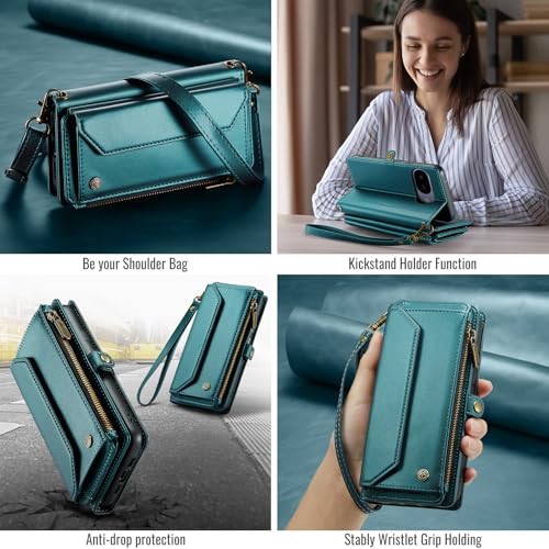 for Google Pixel 10a 6.3" Case, Women Men Multi-Function Wallet Case with Stand RFID Blocking Includes Shoulder Strap Wrist Strap Google Pixel 10a (Green) - color: Green