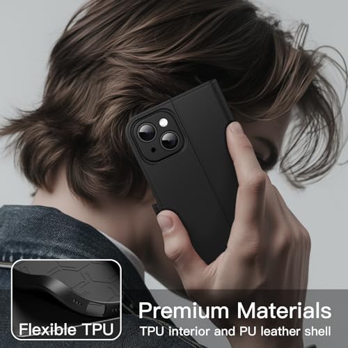 JETech Wallet Case for iPhone 15, Black | Shockproof PU Leather, Card Holder, Magnetic Flip Cover, Stand Feature, Full Camera Protection - color: Black